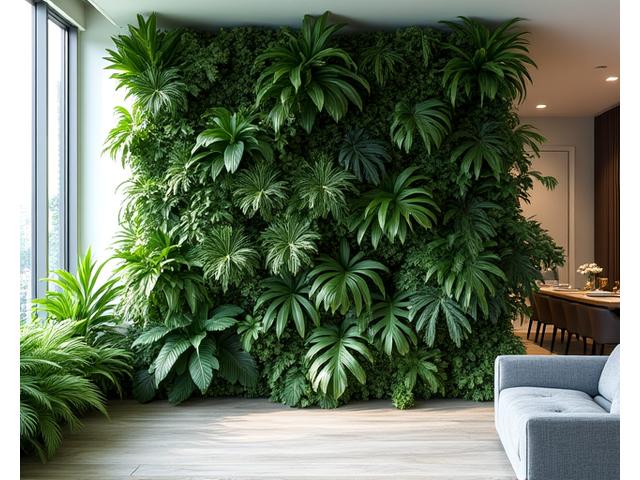 Vibrant living wall with lush tropical plants in a modern Miami interior