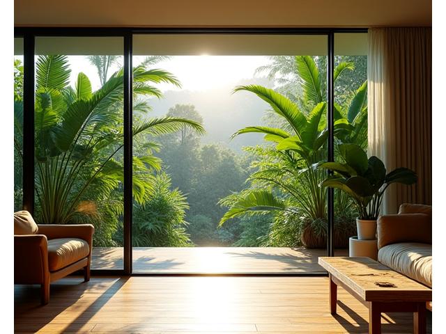 Expansive window view of a lush tropical garden from a modern living room, blurring indoor-outdoor lines