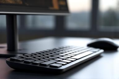 Close-up of ergonomic keyboard, vertical mouse, and monitor arm holding a sleek display, emphasizing detailed accessories for pain prevention