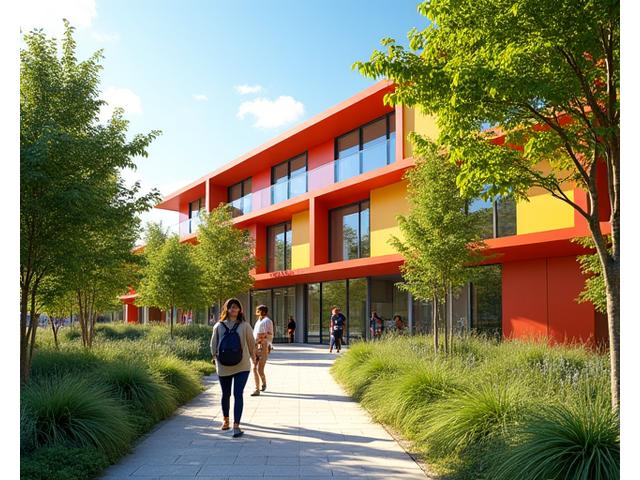 People utilizing an outdoor green space connected to a building, representing Fitwel principles.