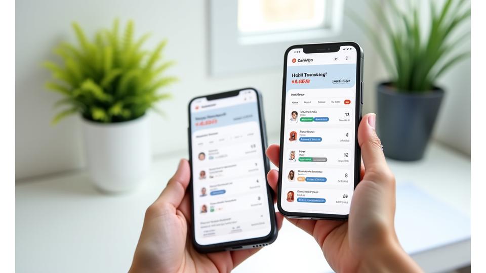 A sleek smartphone displaying a habit tracking app interface, surrounded by a minimalist laptop and a small plant, symbolizing integrated wellness technology.