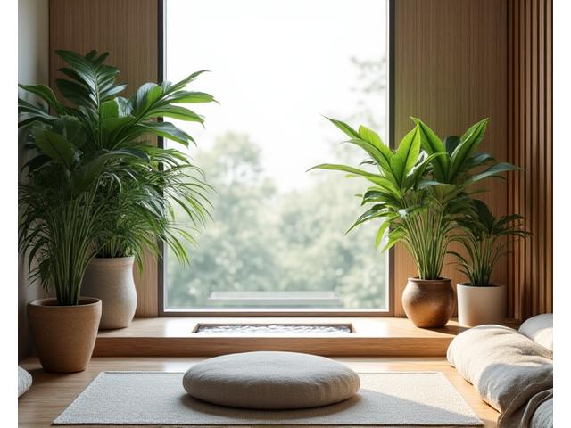 An elegantly designed indoor meditation space featuring large, lush green plants, soft diffused lighting, a comfortable floor cushion, and warm wooden accents, creating a calm, biophilic environment.