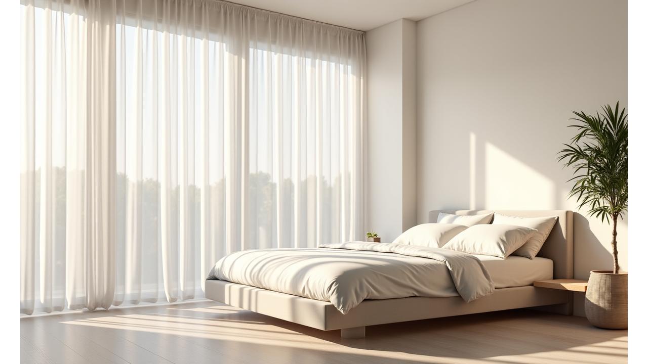 Serene, minimalist Miami bedroom bathed in soft morning light, evoking deep rest and wellness