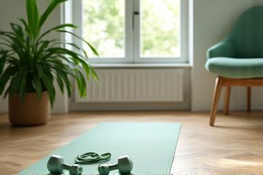 Bright home exercise space with light weights and yoga mat, surrounded by plants