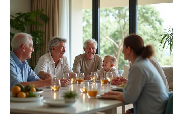 Multi-generational family enjoying a meal in a spacious, bright dining area