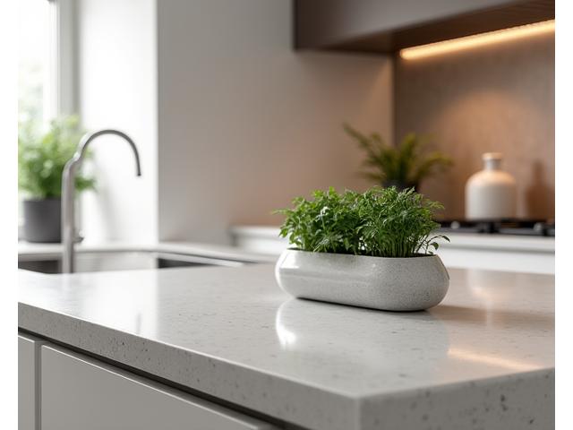 A sleek kitchen countertop made from recycled glass or concrete, with a subtle natural texture and a fresh herb garden accent